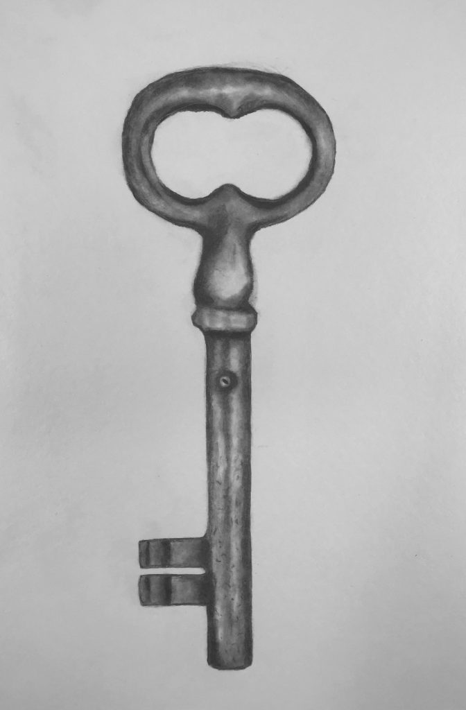 2021 Fall Art Show - Chanda Moyer. The Key. Graphite on paper. 10x6.