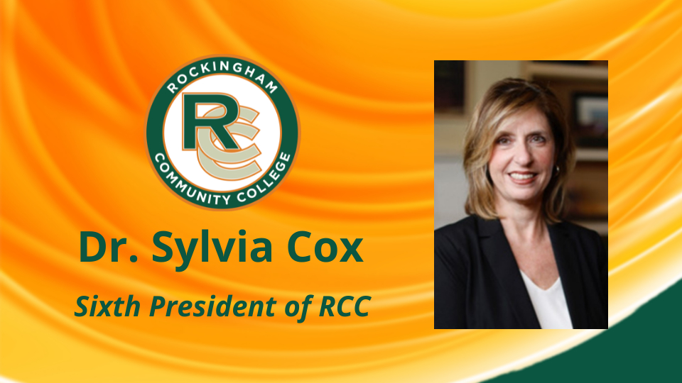 Orange and green background, a headshot of a woman, the college logo, and the words Dr. Sylvia Cox, sixth president of RCC