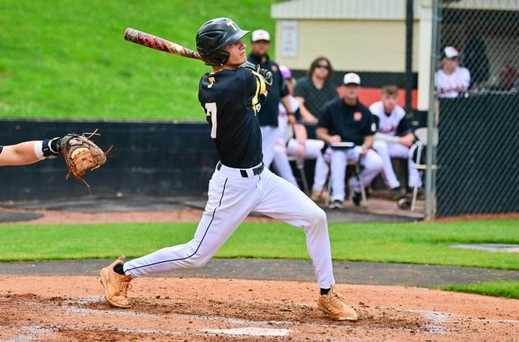Baseball player looks into distance after swinging a bat at home plate.