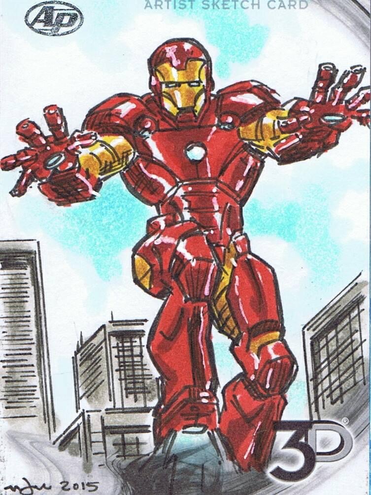 A pen and ink drawing of Iron Man walking through a city, an AP logo, and the words Artist Sketch Card and 3D.