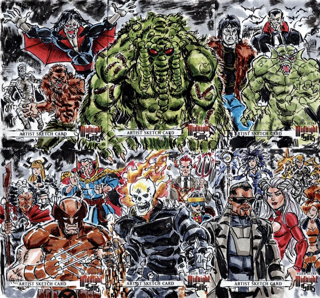 Six artist sketch cards of comic characters, and the words Fleer Ultra Midnight Sons.