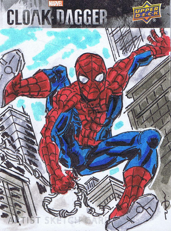 A pen and ink drawing of Spiderman leaping from buildings, and the words Marvel Cloak and Dagger and Upper Deck.