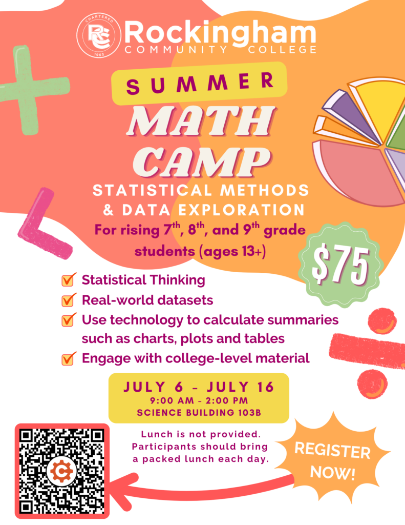 Rockingham Community College math camp for rising 7th–9th graders focused on statistics and data analysis, July 6–16, 9 a.m.–2 p.m., $75.