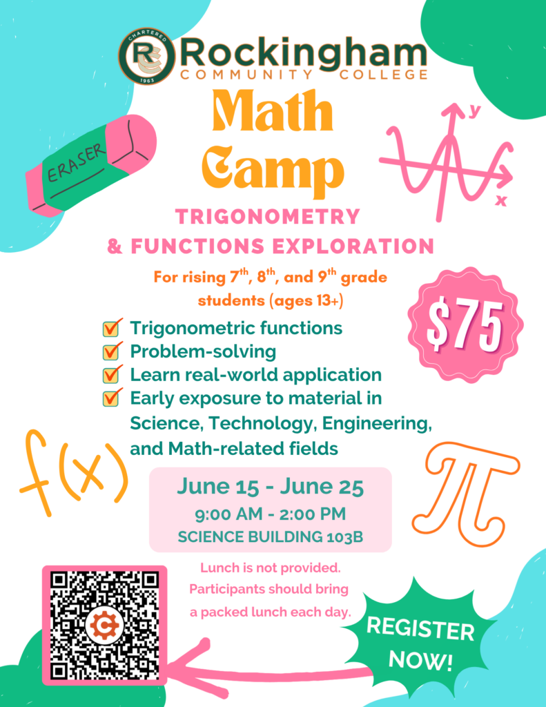 Rockingham Community College math camp for rising 7th–9th graders covering trigonometry and functions, June 15–25, 9 a.m.–2 p.m., $75.