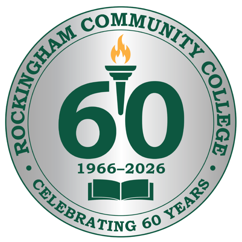 Circular Rockingham Community College 60th Anniversary logo featuring the number 60, a torch, an open book, and the dates 1966-2026 with the words “Celebrating 60 Years.”