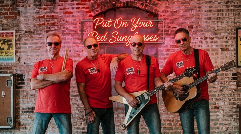 Four band members in red shirts hold instruments in front of a neon sign that says "Put On Your Red Sunglasses"